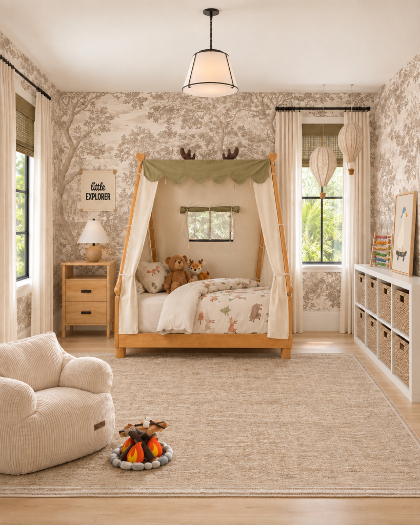 Montessori woodland toddler room with a low wooden floor bed and canvas tent canopy, forest-animal bedding, tree-print wallpaper, hot-air balloon lights, jute rug, cube shelf with baskets, and a corduroy chair by a felt campfire.