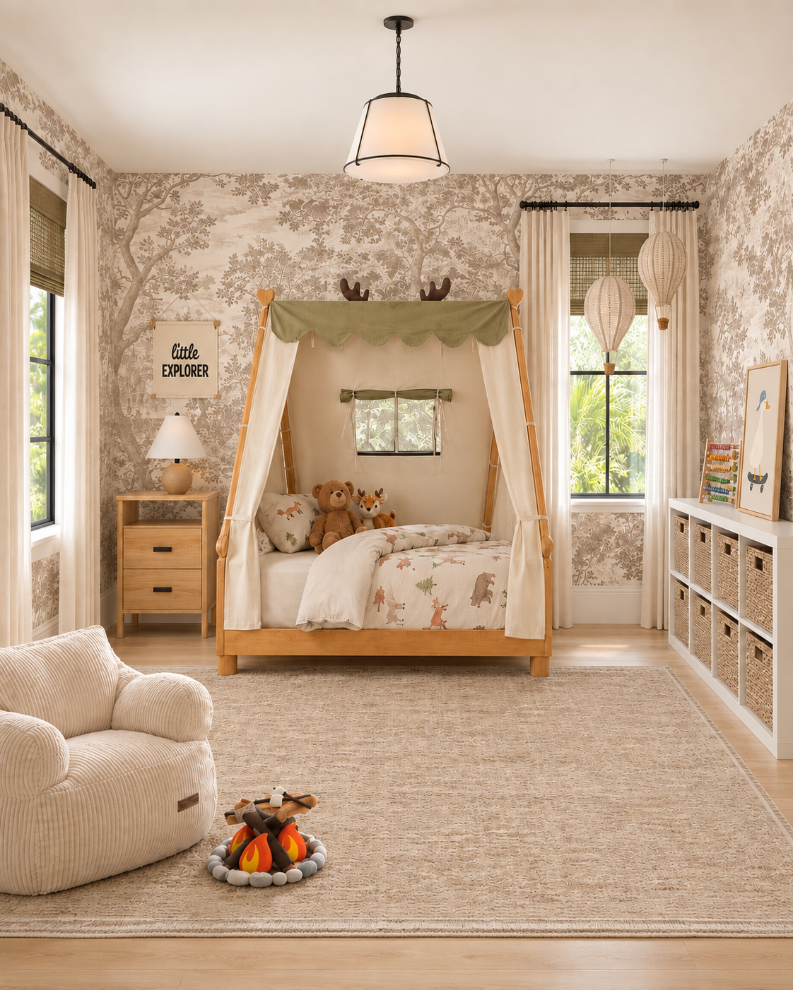 Montessori woodland toddler room with a low wooden floor bed and canvas tent canopy, forest-animal bedding, tree-print wallpaper, hot-air balloon lights, jute rug, cube shelf with baskets, and a corduroy chair by a felt campfire.
