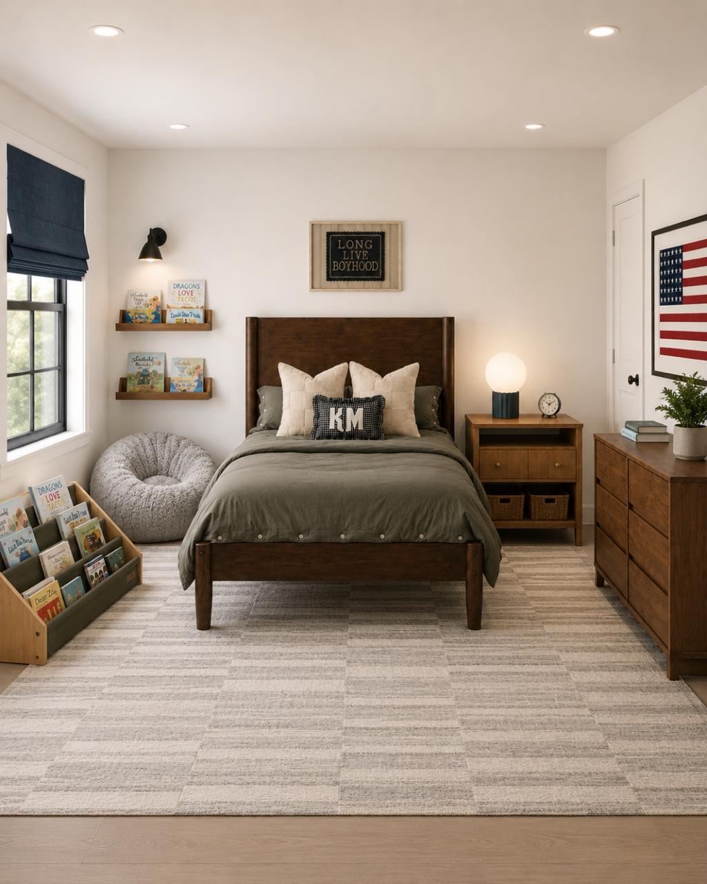 A warm modern boy's bedroom with a vintage Americana feel: dark walnut wood bed, sage-green bedding, cream textured pillows with a black-and-white "KM" monogram cushion, a framed antique American flag, a Long Live Boyhood sign, wall-mounted book ledges, a plush gray bean bag, a walnut dresser with a globe lamp, and a striped neutral rug over light wood floors.